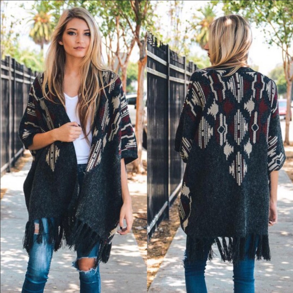 Charcoal Gray Tribal Print Poncho Cardigan
